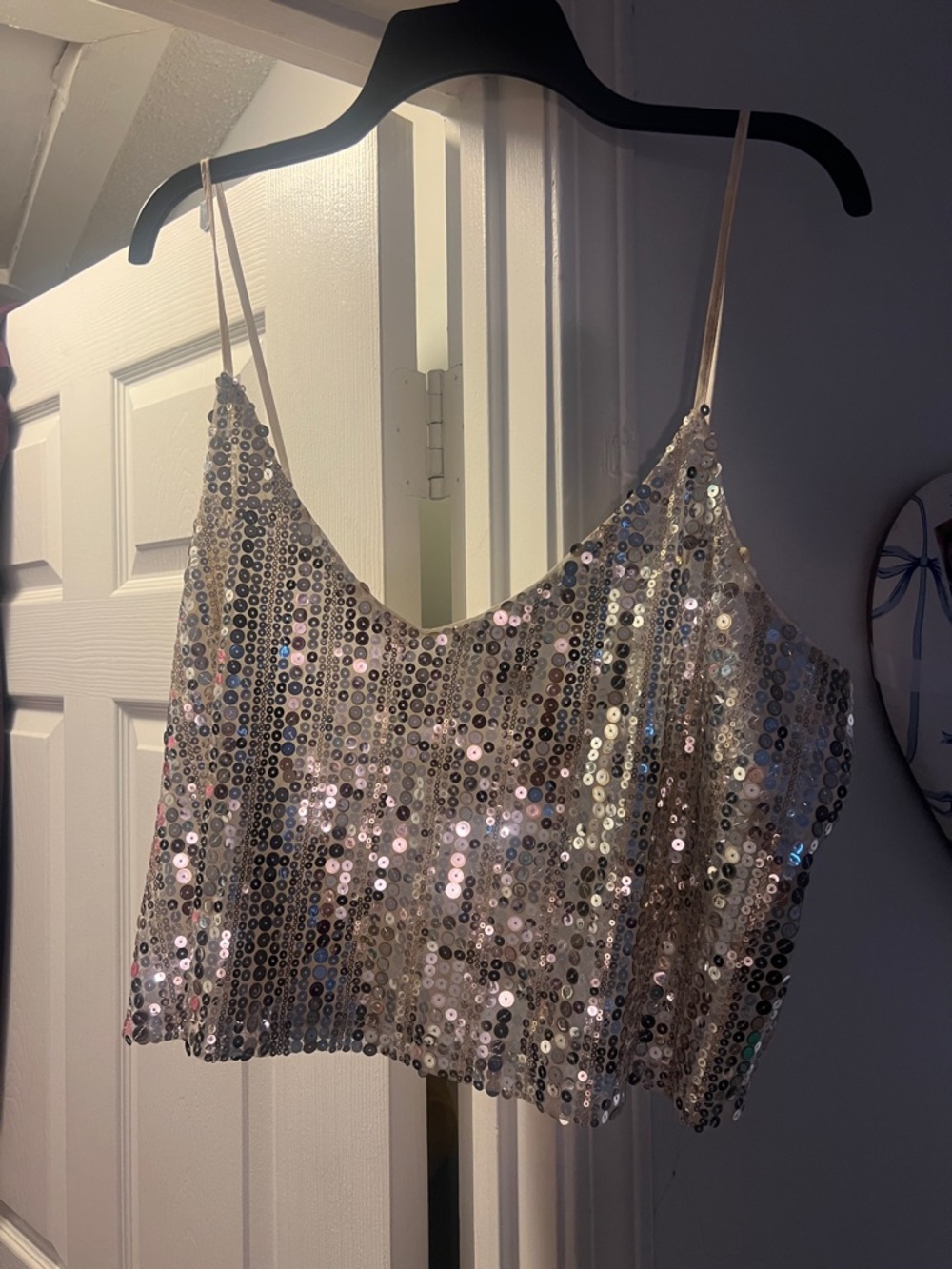 Sequin Spaghetti Strap Crop Cami - Silver